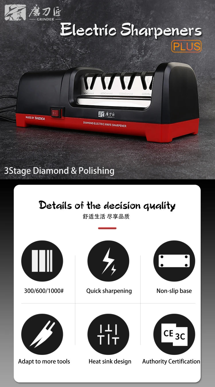 TAIDEA Electric Diamond Knife Sharpener New Upgrade Sharpening System Have Polishing Grit 360/600/1000# Professional Sharpeners